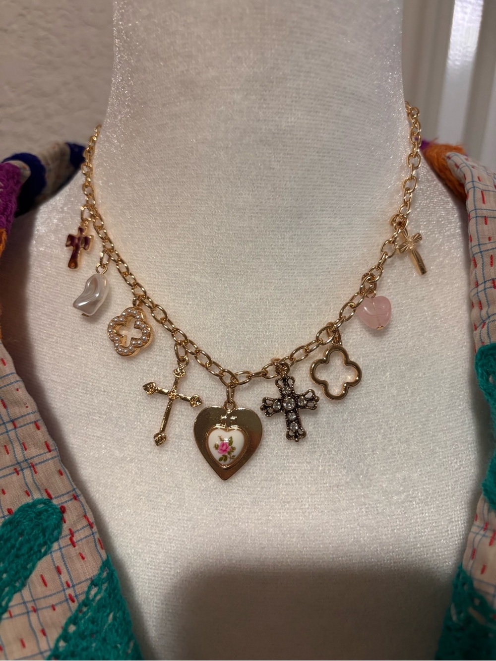 Gold-Tone Heart & Cross Charm Necklace with Pink Heart Accent - Women Jewelry